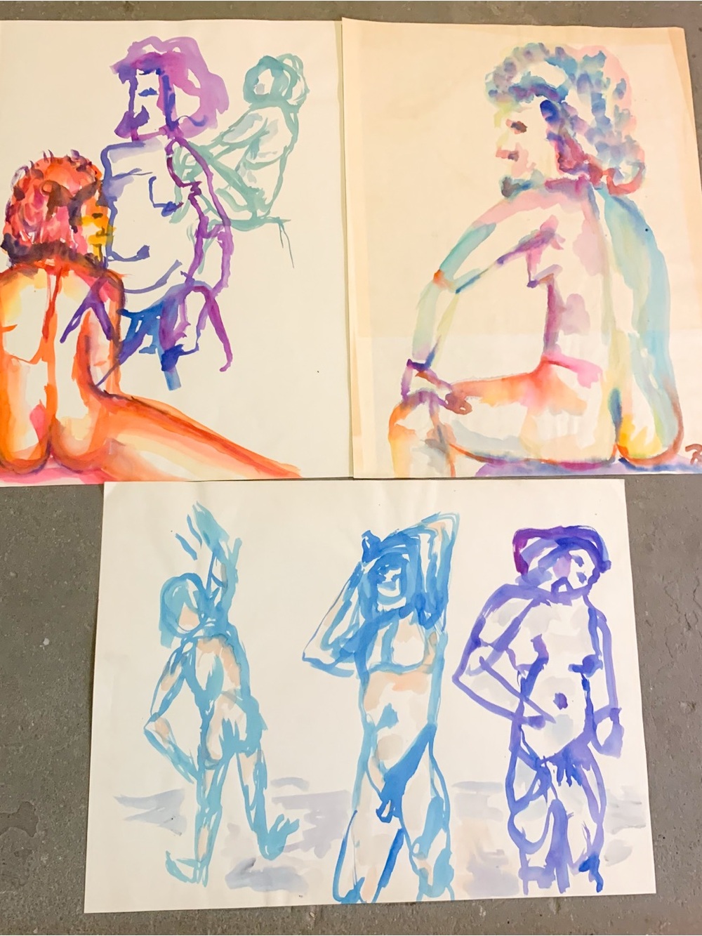 3 Vintage Colorful Male Nude Watercolor Painting Study Figure Rosemarie Hahn Mcm